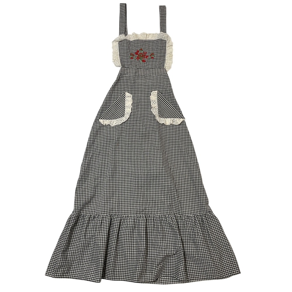 Vintage Peaches N Cream Apron Dress Girls 12‎ Blue Gingham Floral Embroidered